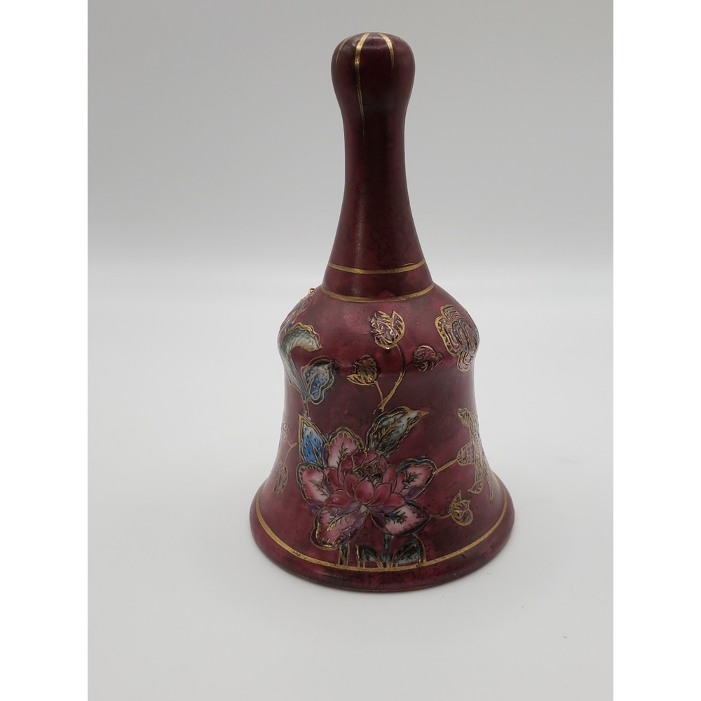 Red Ceramic Painted Bell Flowers Birds Gold Trim 5"
